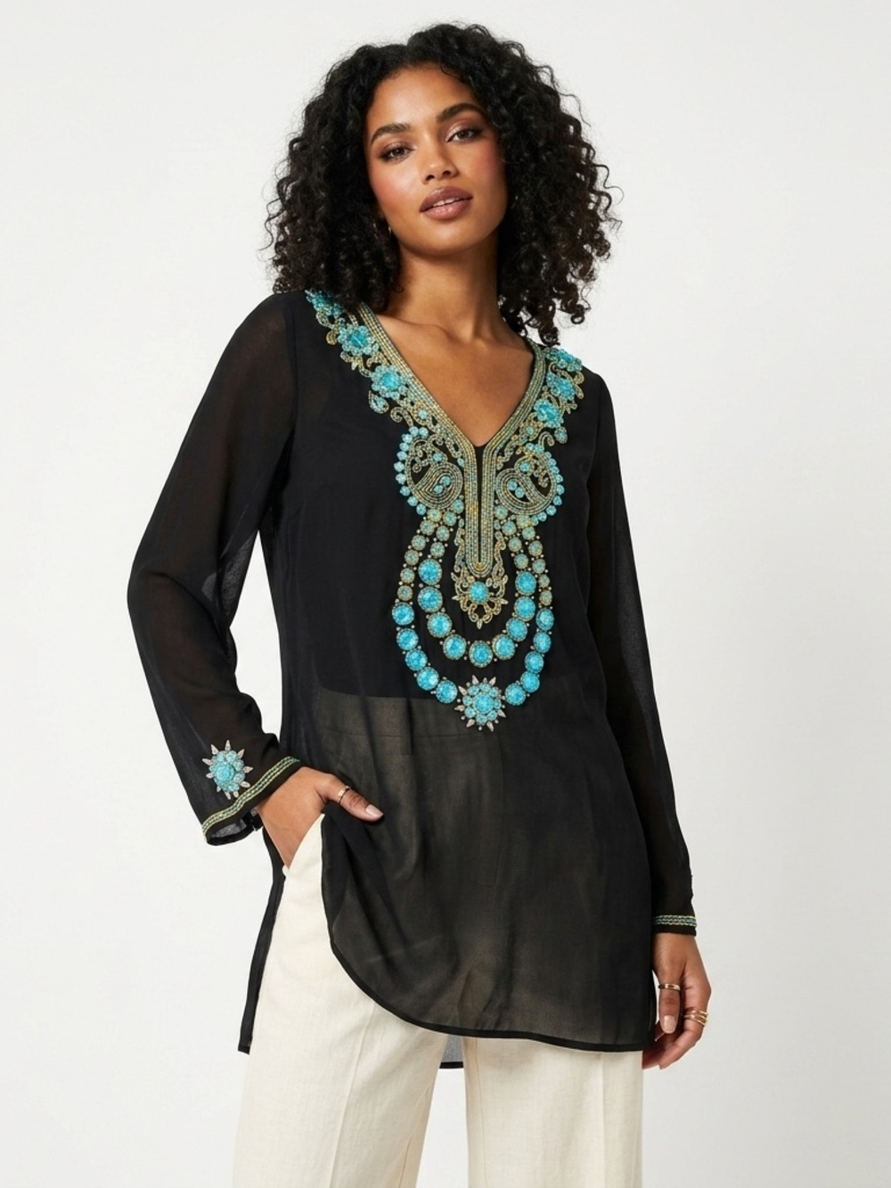 Natural Impressions Black Sheer Beaded Boho Tunic Top Size XL